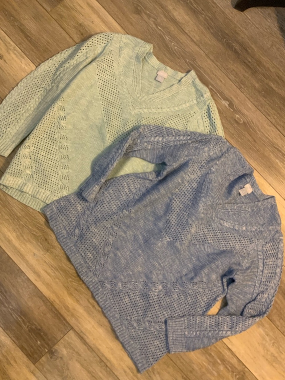 Chico's Open-Knit V-Neck Sweaters in Light Blue and Mint